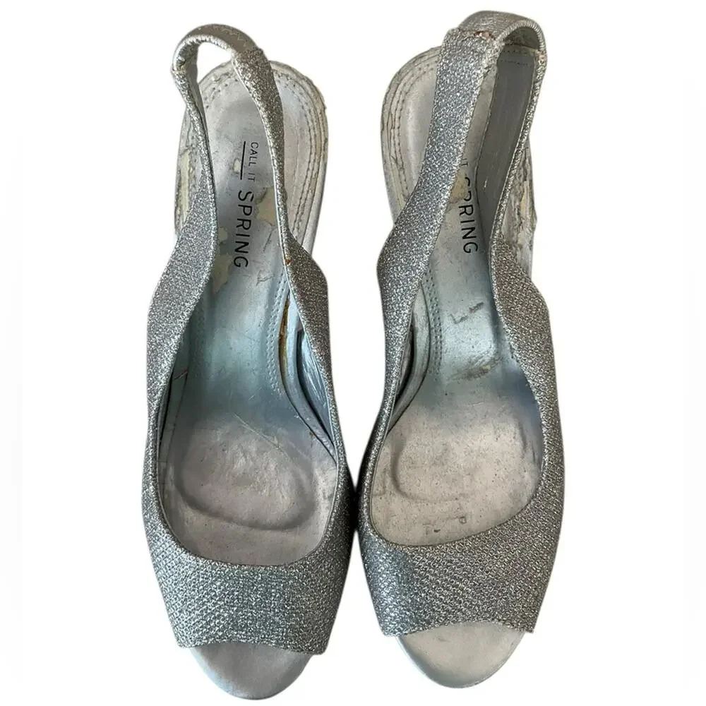 Call it Spring Women's Heels Silver Glitter Formal Peep-Toe Slingback Size 7.5